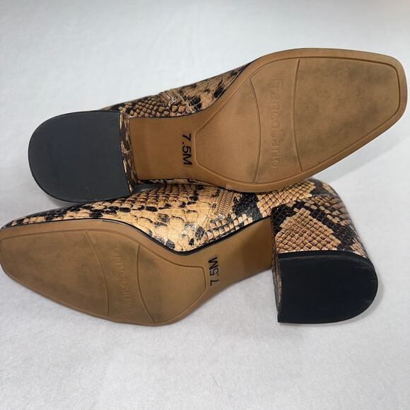 Franco Sarto Snake Print Ankle Boots Sz 7.5M Tan Black Block Heel Leather Bootie - Picture 7 of 7